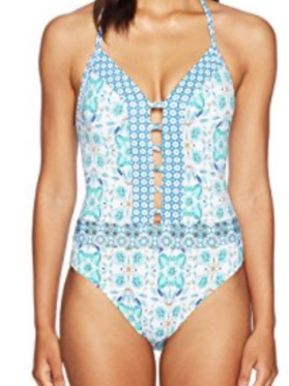 Bleu Rod Beattie Cross Back One Piece Plunge Swimsuit Strappy Monokini Hawaiian